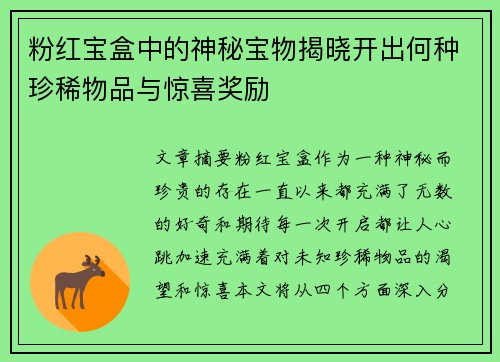 粉红宝盒中的神秘宝物揭晓开出何种珍稀物品与惊喜奖励